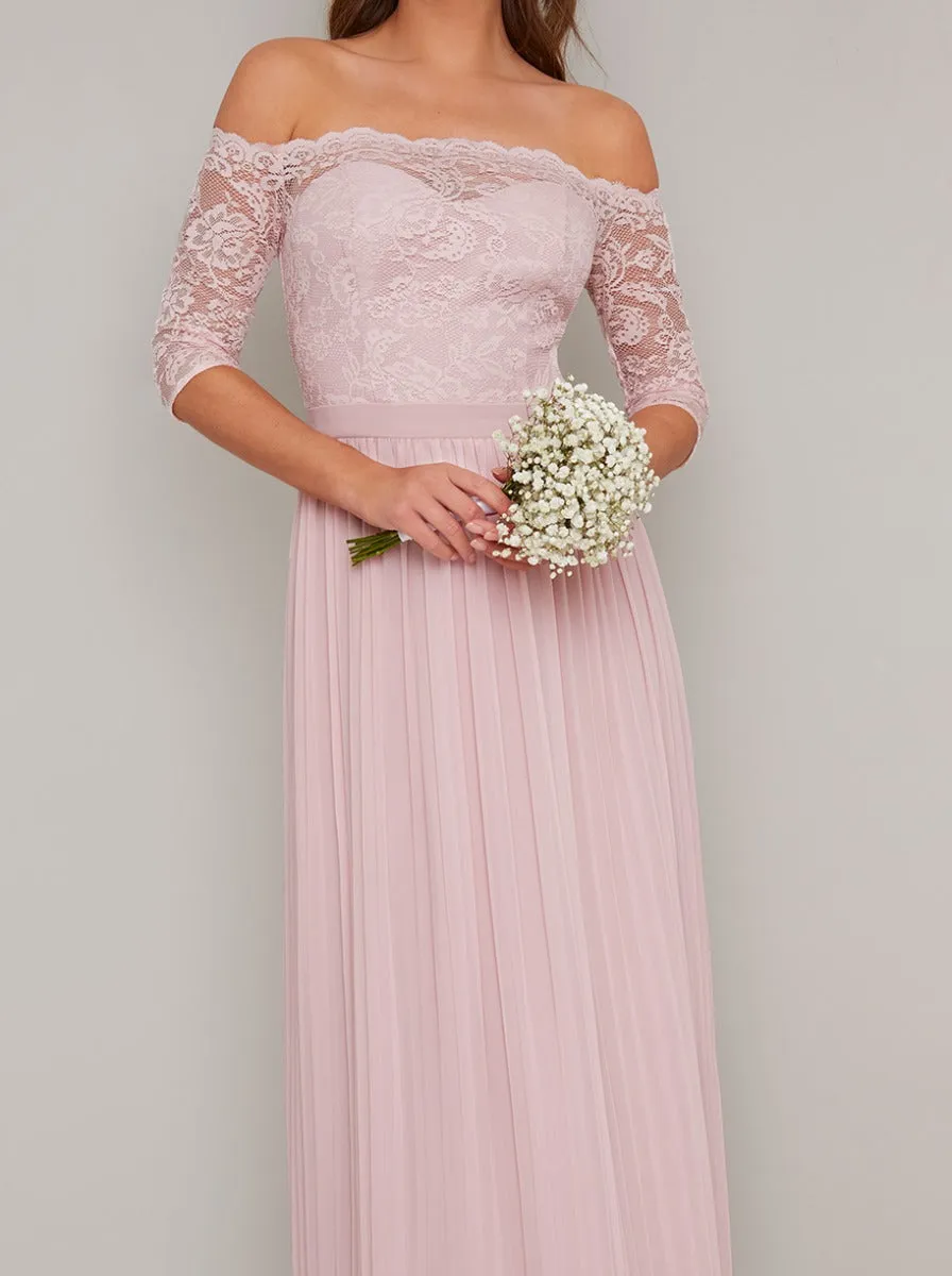 Lace Bardot Maxi Bridesmaid Dress in Pink sold by Chi Chi London product image thumbnail 2