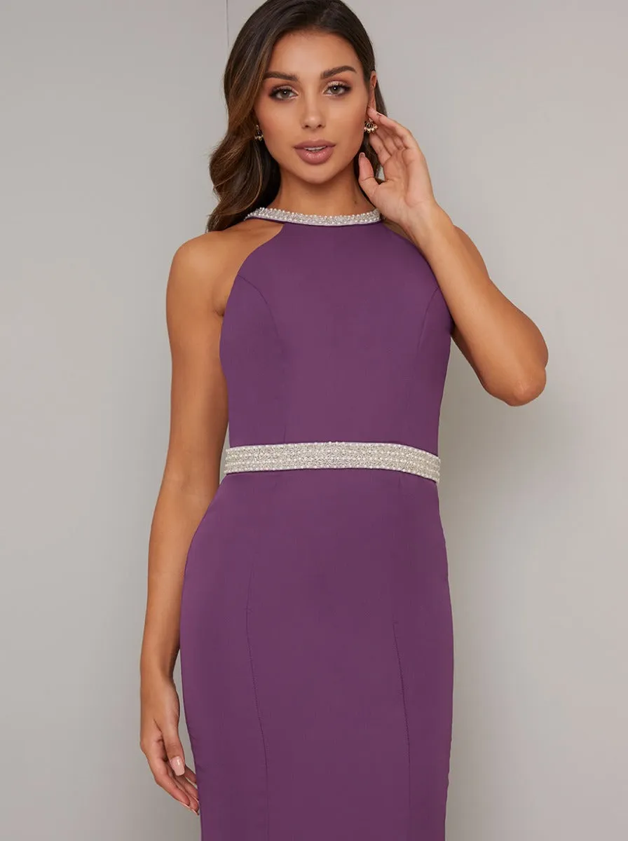 Embellished Beaded Neckline Mesh Back Maxi Dress in Purple sold by Chi Chi London product image thumbnail 4