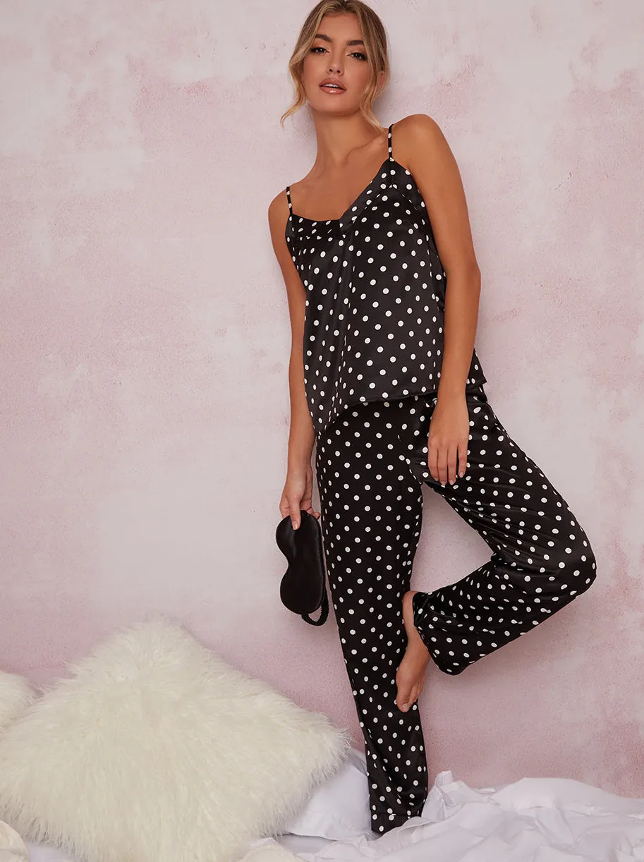 Satin Finish Cami Strap Polka Dot Pyjama Set in Black sold by Chi Chi London