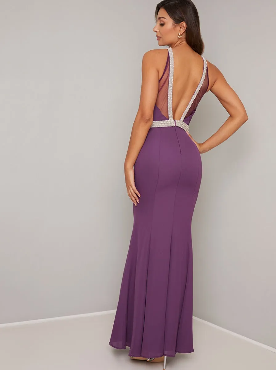 Embellished Beaded Neckline Mesh Back Maxi Dress in Purple sold by Chi Chi London product image thumbnail 2