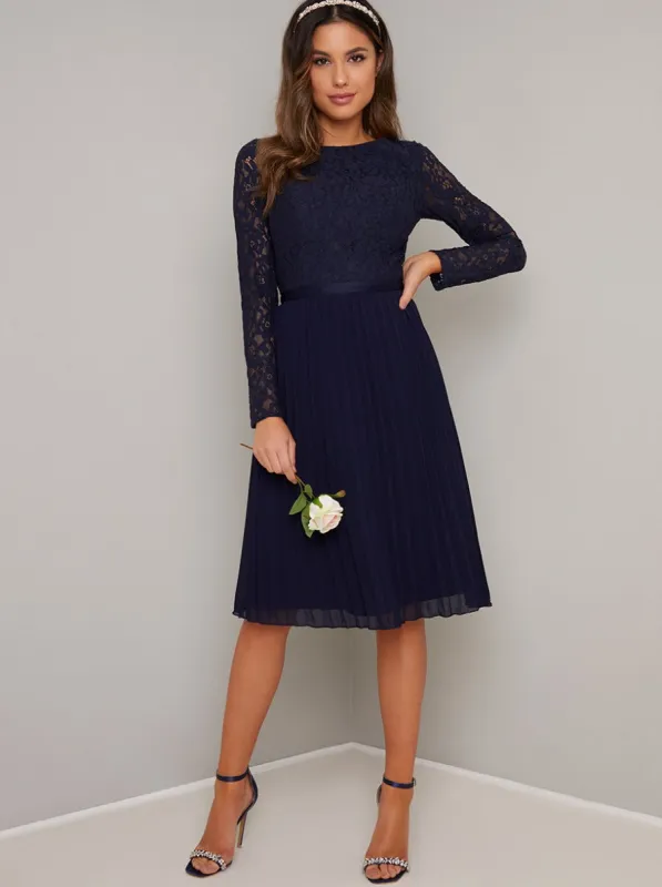 Long Sleeved Lace Pleat Midi Dress in Blue sold by Chi Chi London