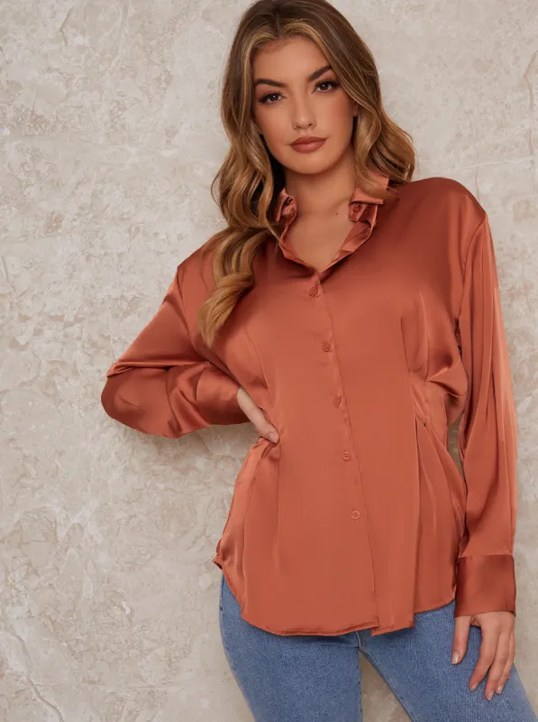 Satin Pleat Waist Button Through Shirt In Orange sold by Chi Chi London