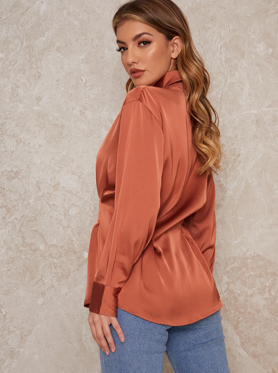 Satin Pleat Waist Button Through Shirt In Orange sold by Chi Chi London product image thumbnail 3