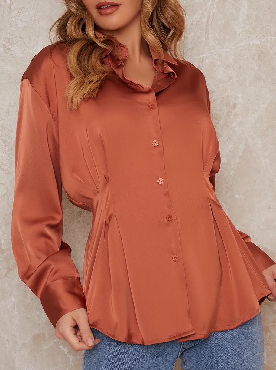 Satin Pleat Waist Button Through Shirt In Orange sold by Chi Chi London product image thumbnail 4