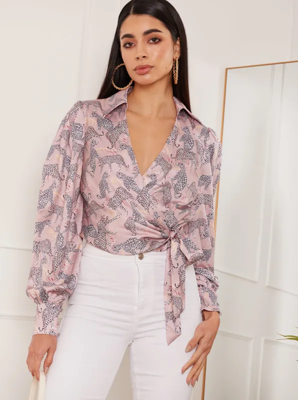 Balloon Sleeve Cheetah Print Wrap Shirt in Pink sold by Chi Chi London