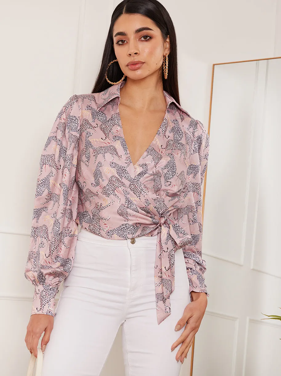 Balloon Sleeve Cheetah Print Wrap Shirt in Pink sold by Chi Chi London