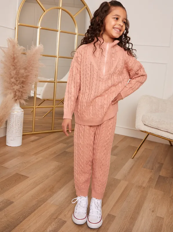 Girls Roll Neck Zip Up Cable Knit Loungewear Set in Pink sold by Chi Chi London