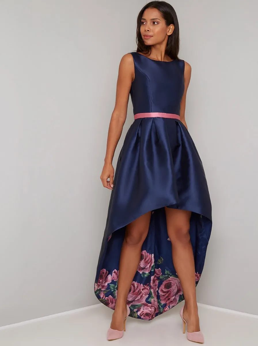 Dip Hem High Neck Floral Detail Midi Dress in Blue sold by Chi Chi London