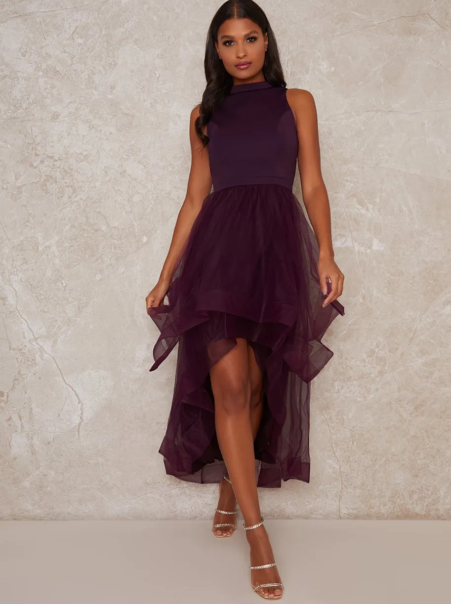 Dip Hem High Neck Dress with Tulle Skirt in Purple sold by Chi Chi London product image thumbnail 2