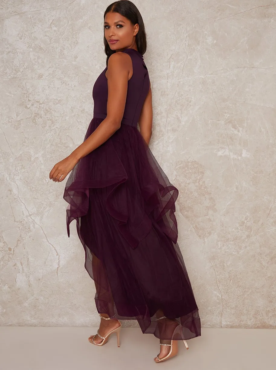 Dip Hem High Neck Dress with Tulle Skirt in Purple sold by Chi Chi London product image thumbnail 3
