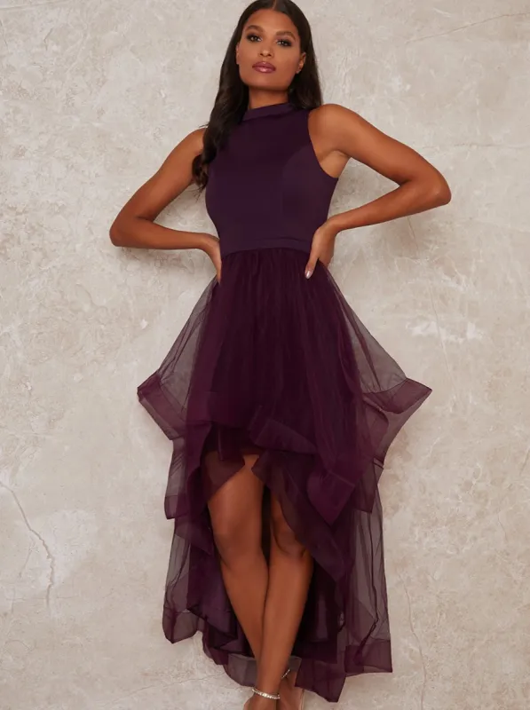 Dip Hem High Neck Dress with Tulle Skirt in Purple sold by Chi Chi London