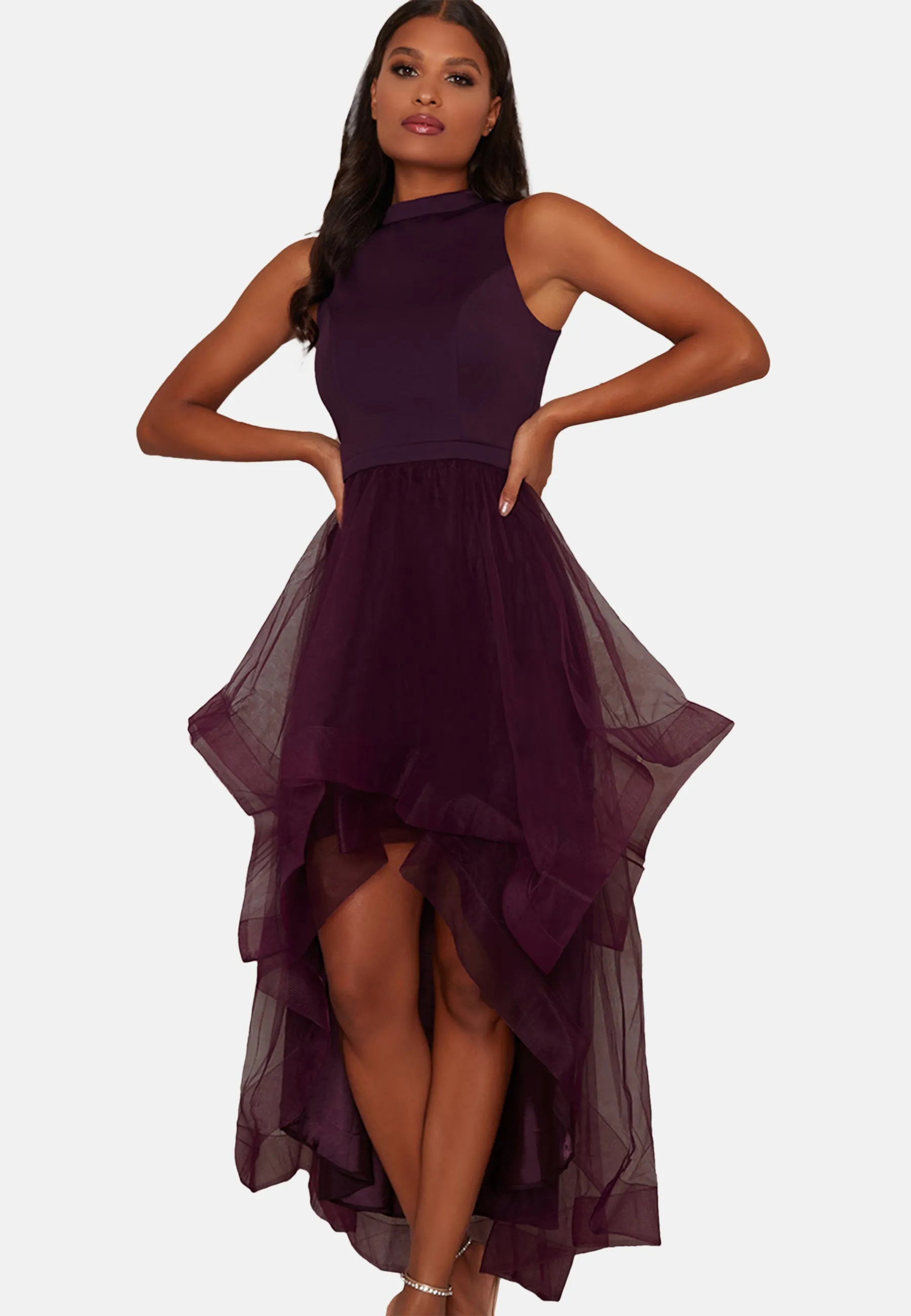 Dip Hem High Neck Dress with Tulle Skirt in Purple sold by Chi Chi London product image thumbnail 5