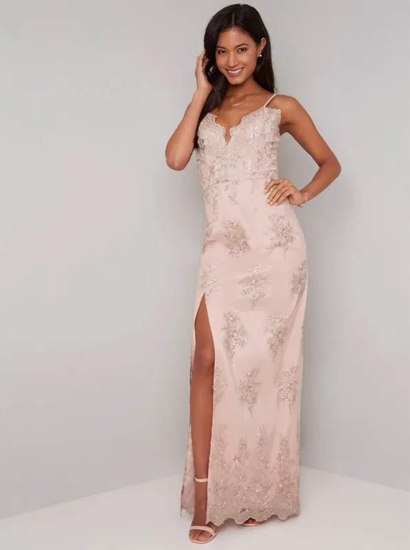 Cami Strap Lace Thigh Split Maxi Dress in Rose Gold sold by Chi Chi London