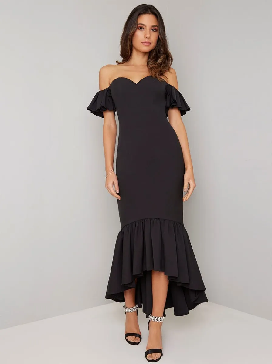 Bardot Fishtail Dip Hem Dress In Black sold by Chi Chi London