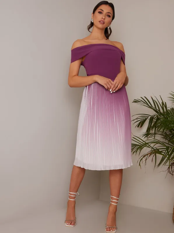 Bardot Ombre Pleated Midi Dress in Purple made by Chi Chi London