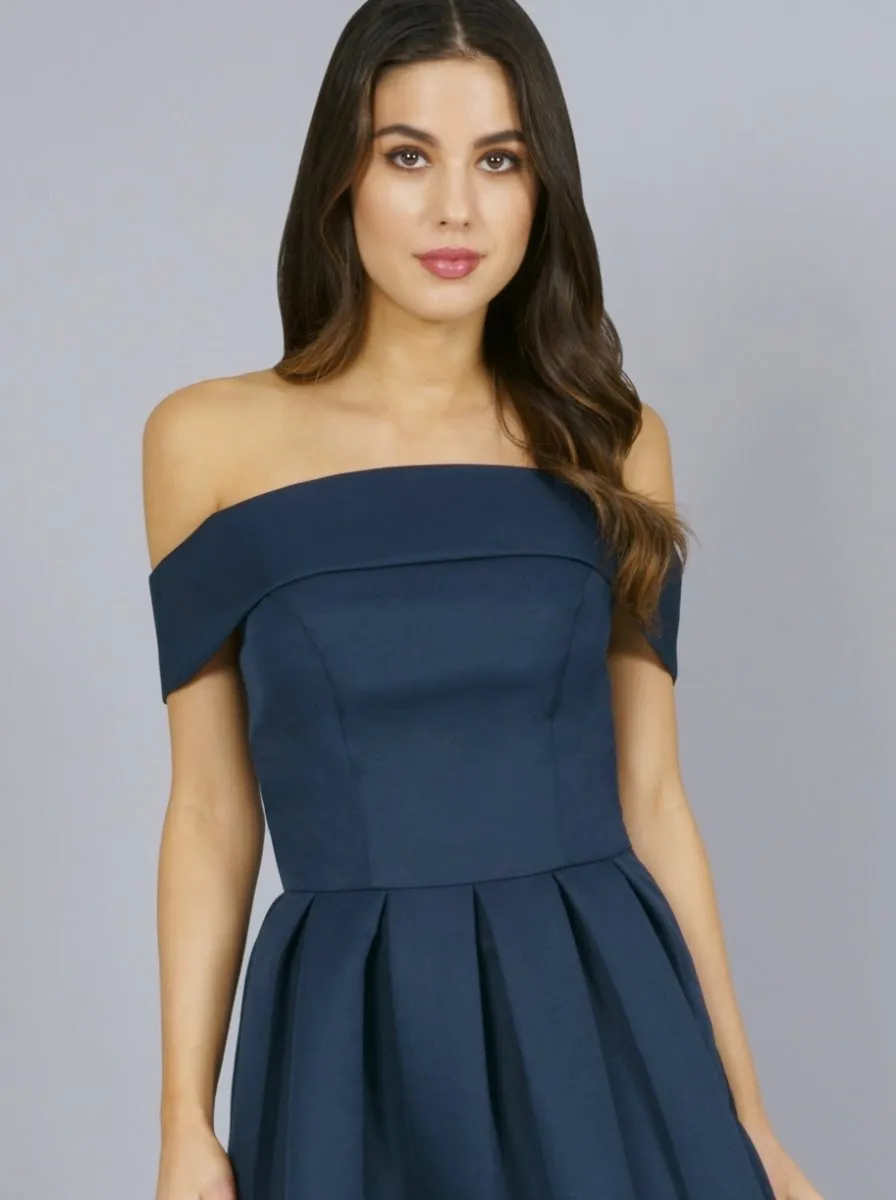 Dip Hem Bardot Dress with Pleated Skirt in Blue sold by Chi Chi London product image thumbnail 4