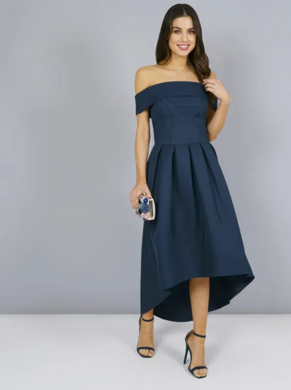 Dip Hem Bardot Dress with Pleated Skirt in Blue sold by Chi Chi London