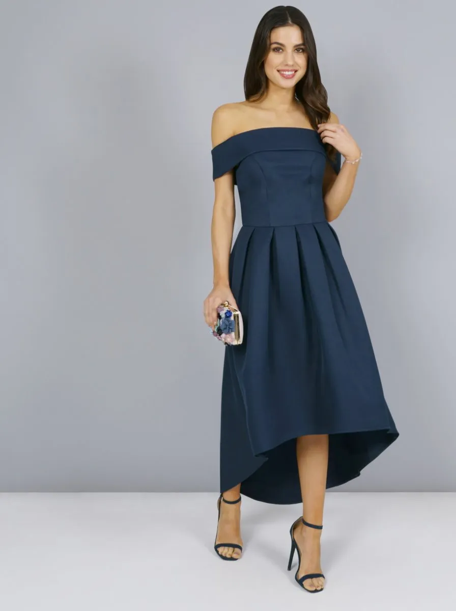 Dip Hem Bardot Dress with Pleated Skirt in Blue sold by Chi Chi London