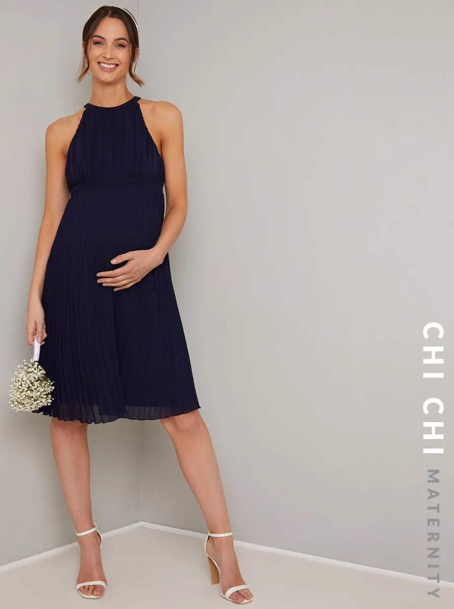 Maternity Halterneck Pleat Midi Dress in Blue sold by Chi Chi London product image thumbnail 2