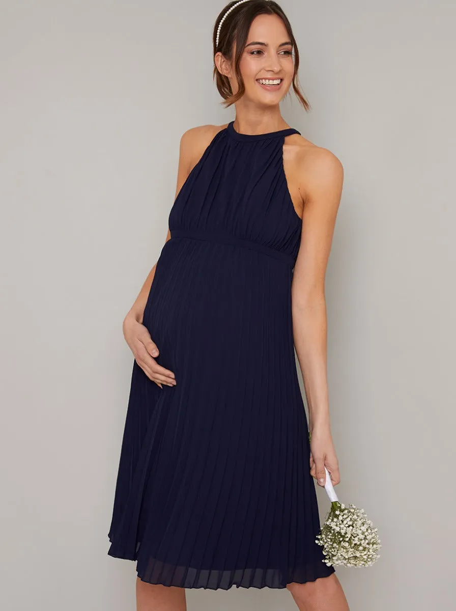 Maternity Halterneck Pleat Midi Dress in Blue sold by Chi Chi London