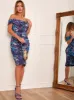 Bardot Ruched Abstract Print Bodycon Dress in Blue sold by Chi Chi London
