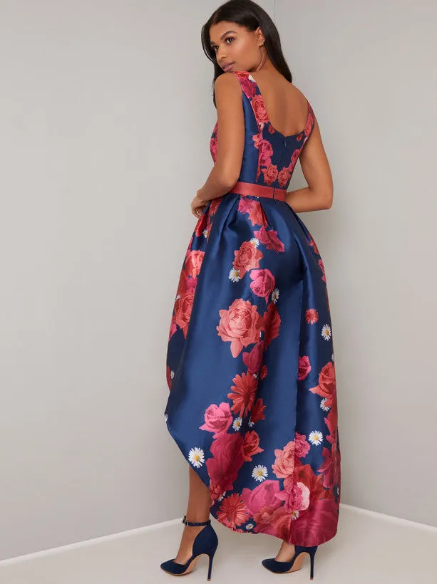 Dip Hem Floral Print Dress in Blue sold by Chi Chi London