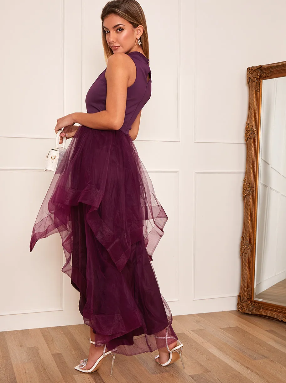 Dip Hem High Neck Dress with Tulle Skirt in Purple sold by Chi Chi London product image thumbnail 4