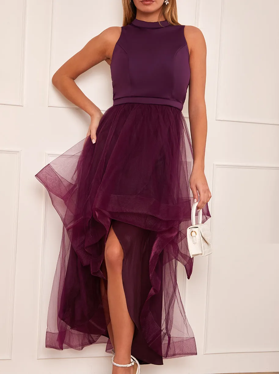 Dip Hem High Neck Dress with Tulle Skirt in Purple sold by Chi Chi London product image thumbnail 5