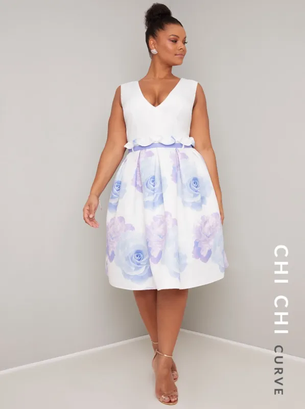 Floral Print Curve Midi Dress in White sold by Chi Chi London