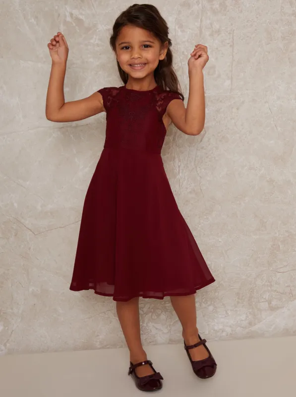Girls Embroidered Bodice Chiffon Midi Dress in Burgundy sold by Chi Chi London