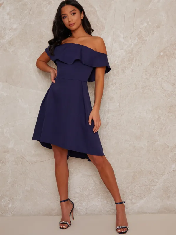 Petite Bardot Dip Hem Midi Dress in Blue sold by Chi Chi London