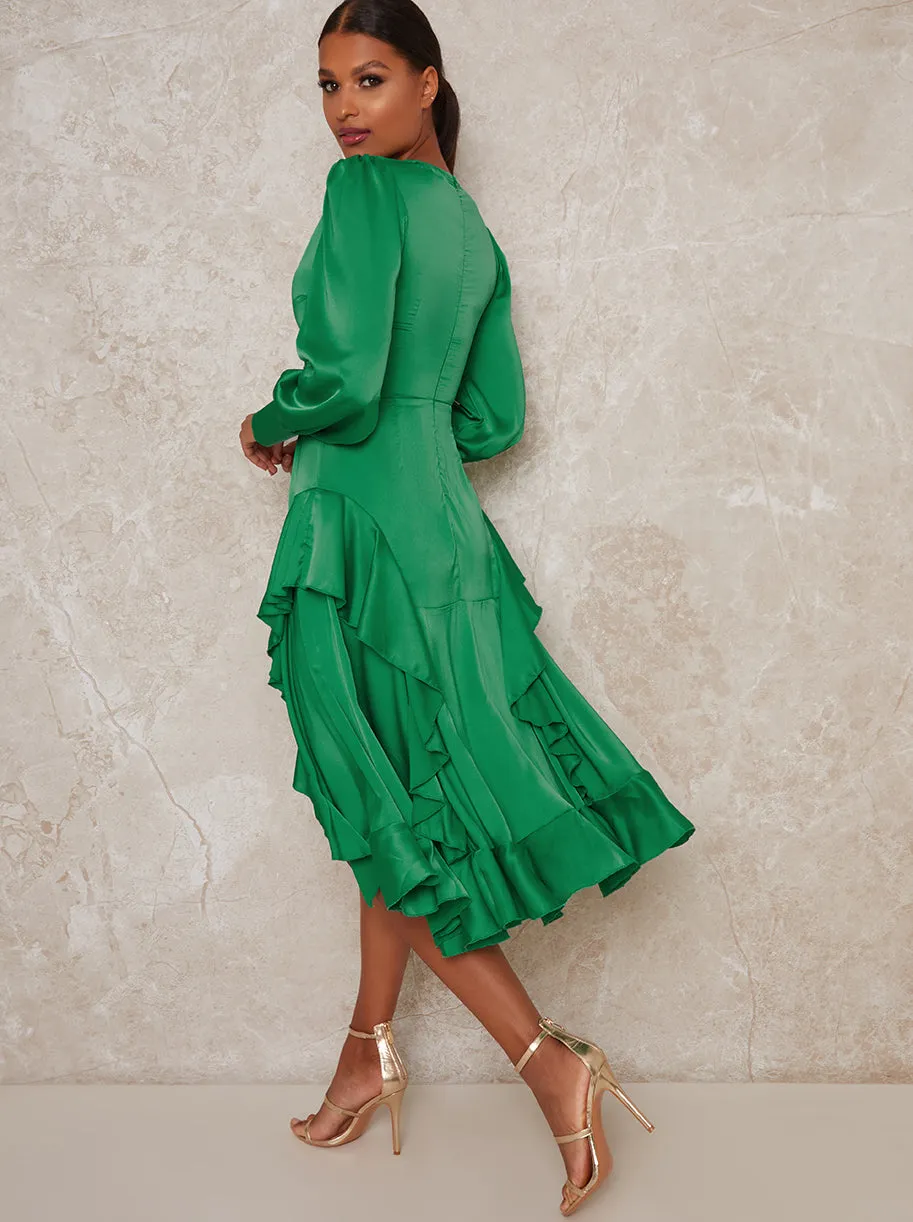 Long Sleeved Dip Hem Ruffle Dress in Green sold by Chi Chi London product image thumbnail 3