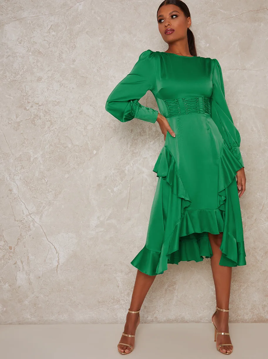 Long Sleeved Dip Hem Ruffle Dress in Green sold by Chi Chi London product image thumbnail 2