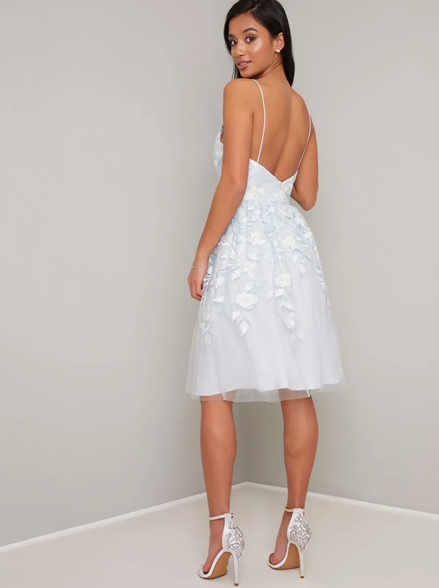 Petite Embroidered Floral Midi Dress in Blue sold by Chi Chi London