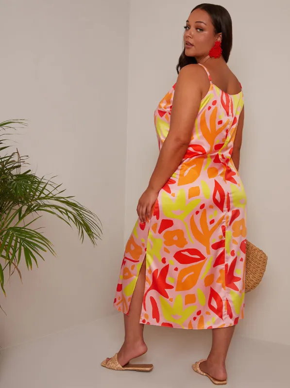 Plus Size Abstract Print Midi Slip Dress in Orange sold by Chi Chi London