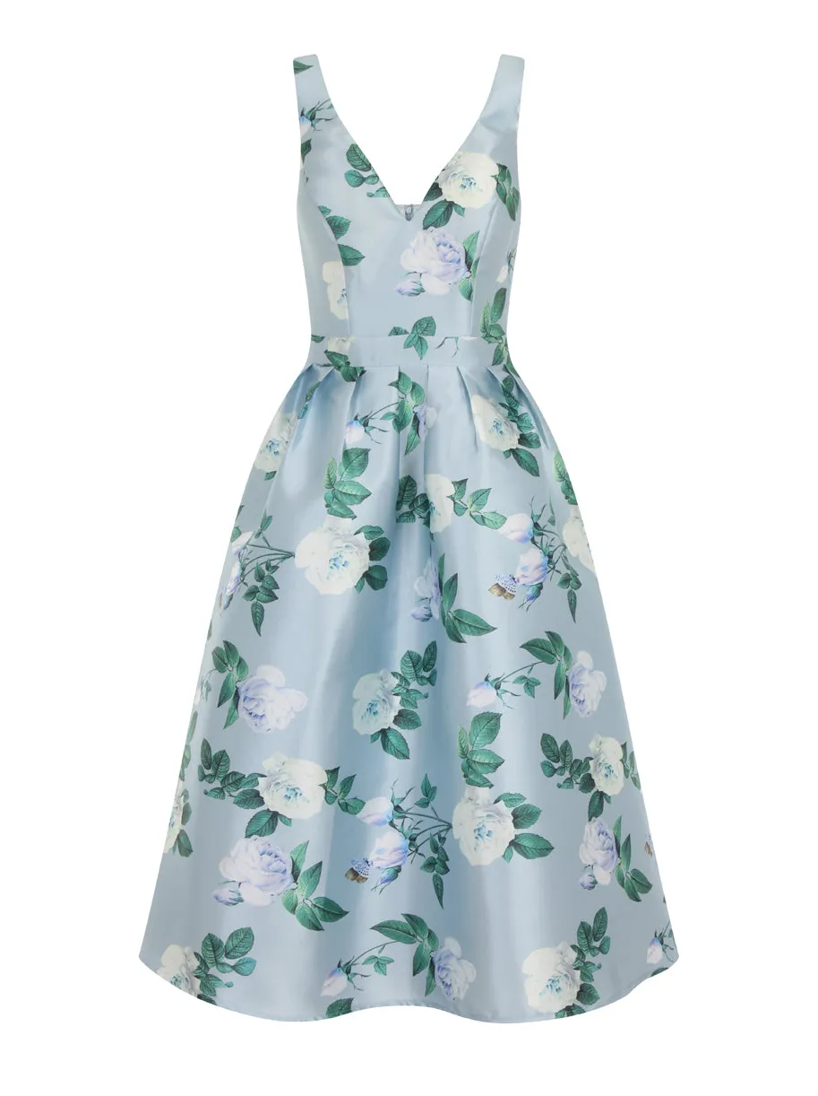 V Neck Floral Print Midi Dress in Grey sold by Chi Chi London