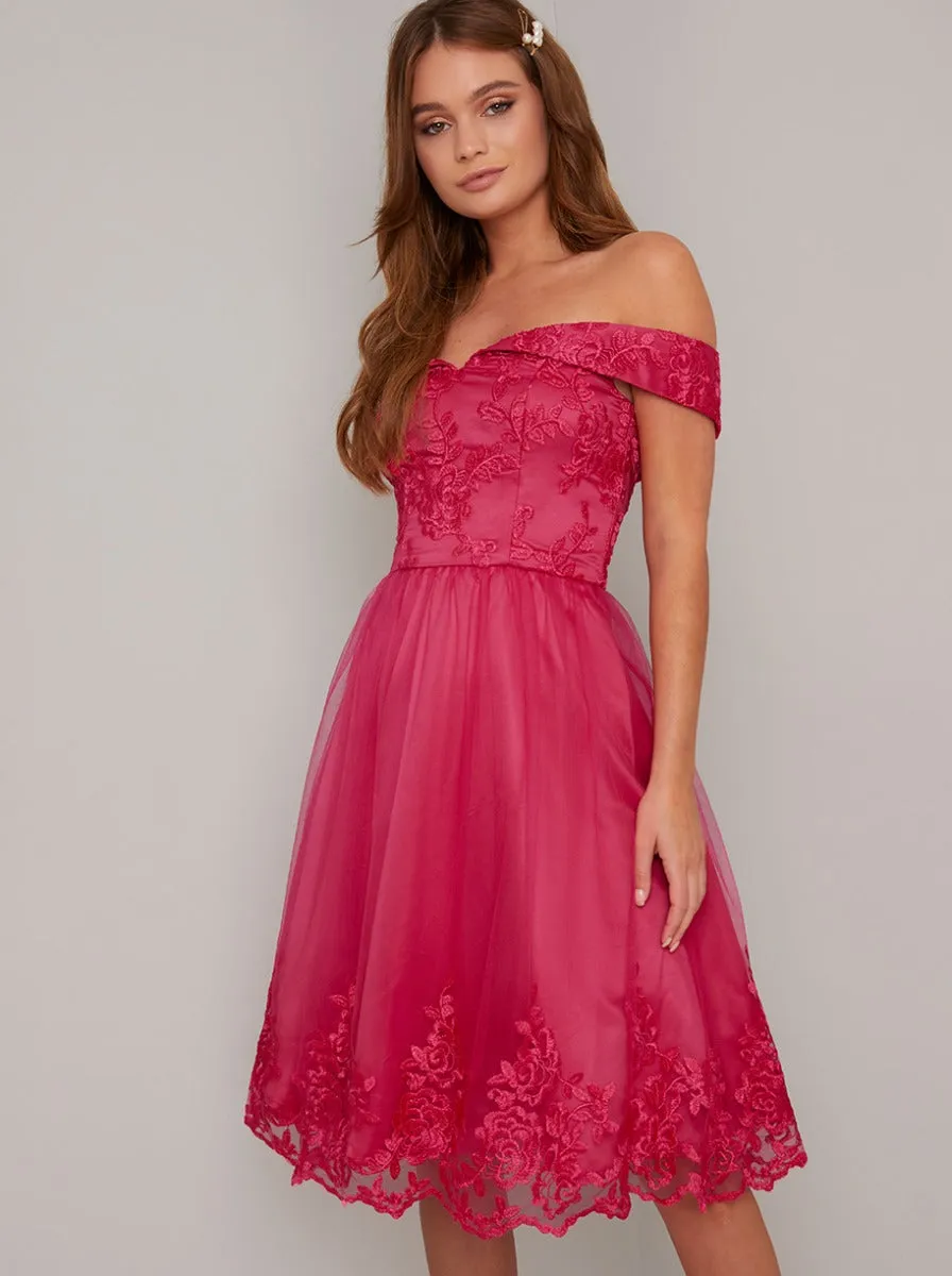 Lace Bardot Detail Midi Dress In Pink sold by Chi Chi London product image thumbnail 2