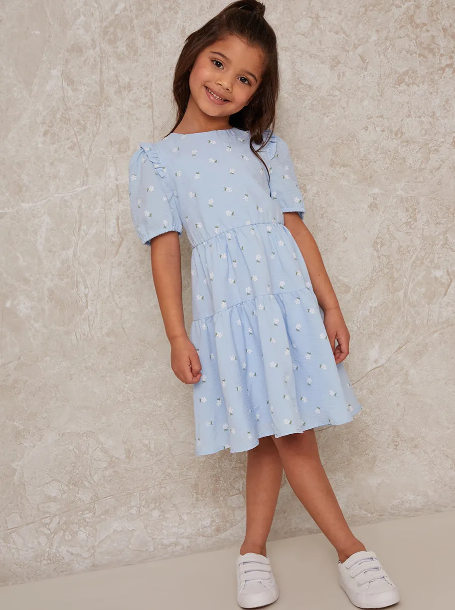 Girls Short Sleeve Tiered Midi Dress in Blue sold by Chi Chi London