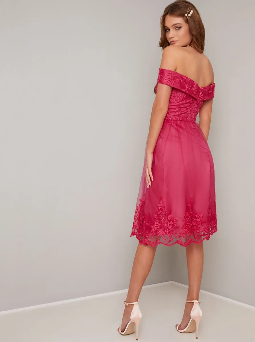 Lace Bardot Detail Midi Dress In Pink sold by Chi Chi London product image thumbnail 4