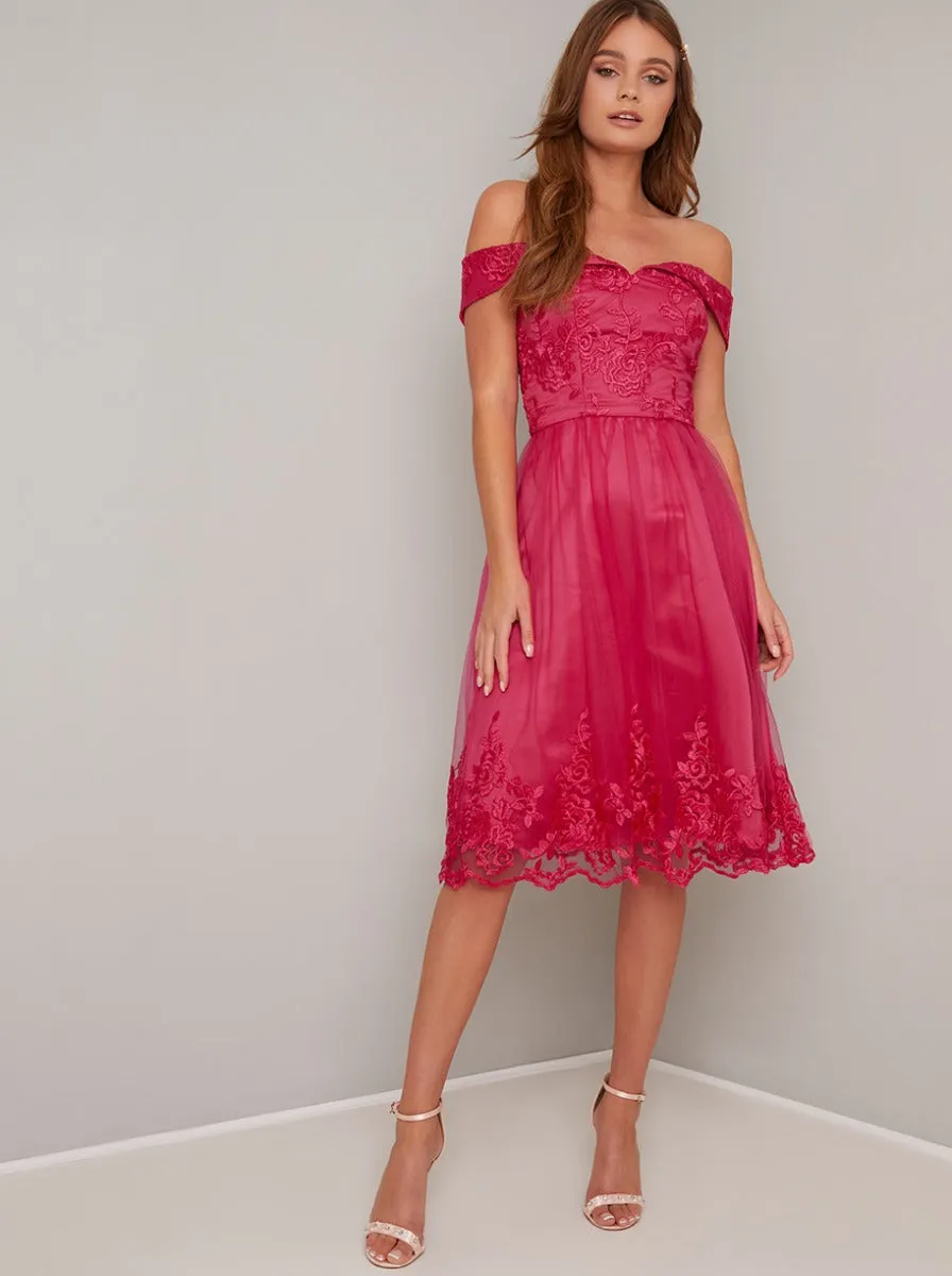 Lace Bardot Detail Midi Dress In Pink sold by Chi Chi London