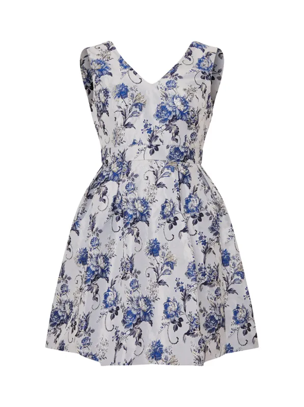 Plus Size V Neck Floral Jacquard Midi Dress in Blue sold by Chi Chi London