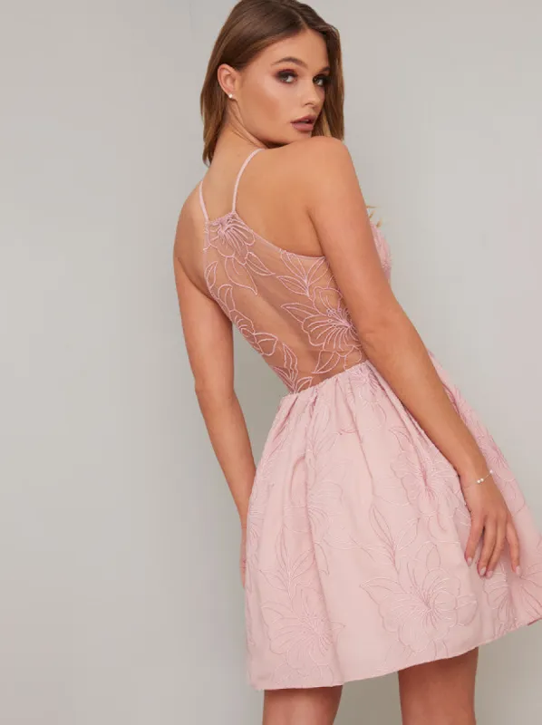 Lace Detail Sheer Back Mini Dress in Pink sold by Chi Chi London