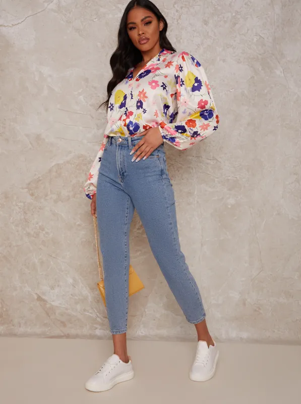 Floral Print Button Up Satin Shirt in White sold by Chi Chi London