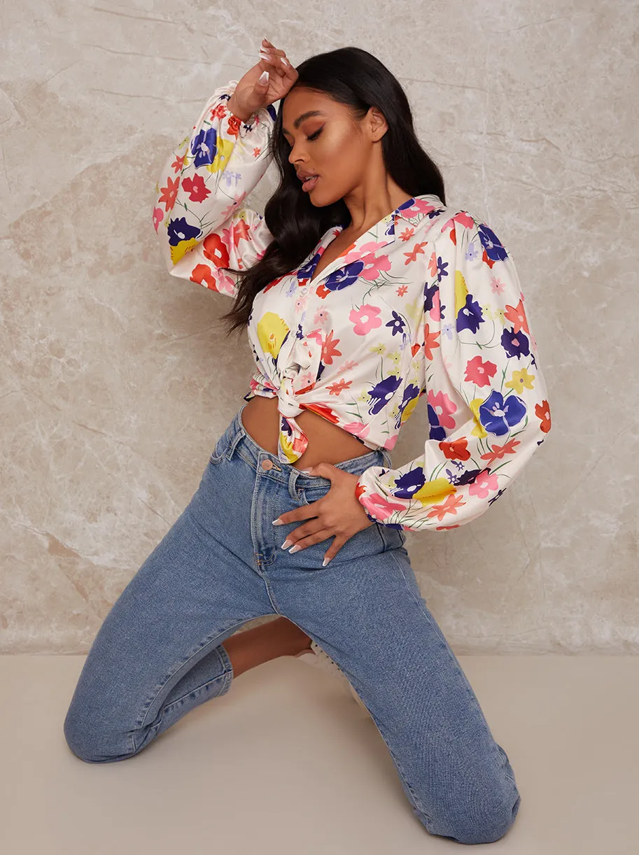 Floral Print Button Up Satin Shirt in White sold by Chi Chi London product image thumbnail 3