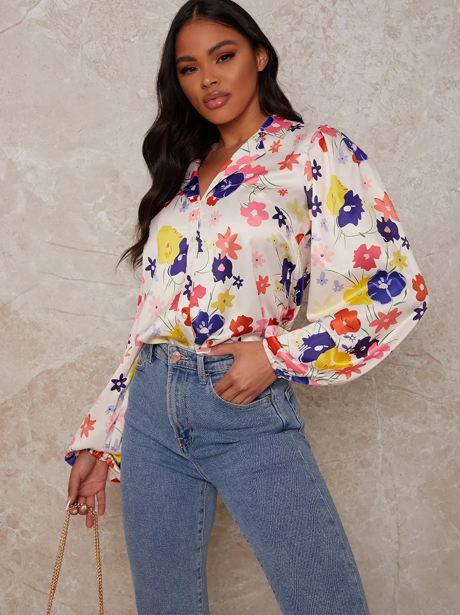 Floral Print Button Up Satin Shirt in White sold by Chi Chi London product image thumbnail 4