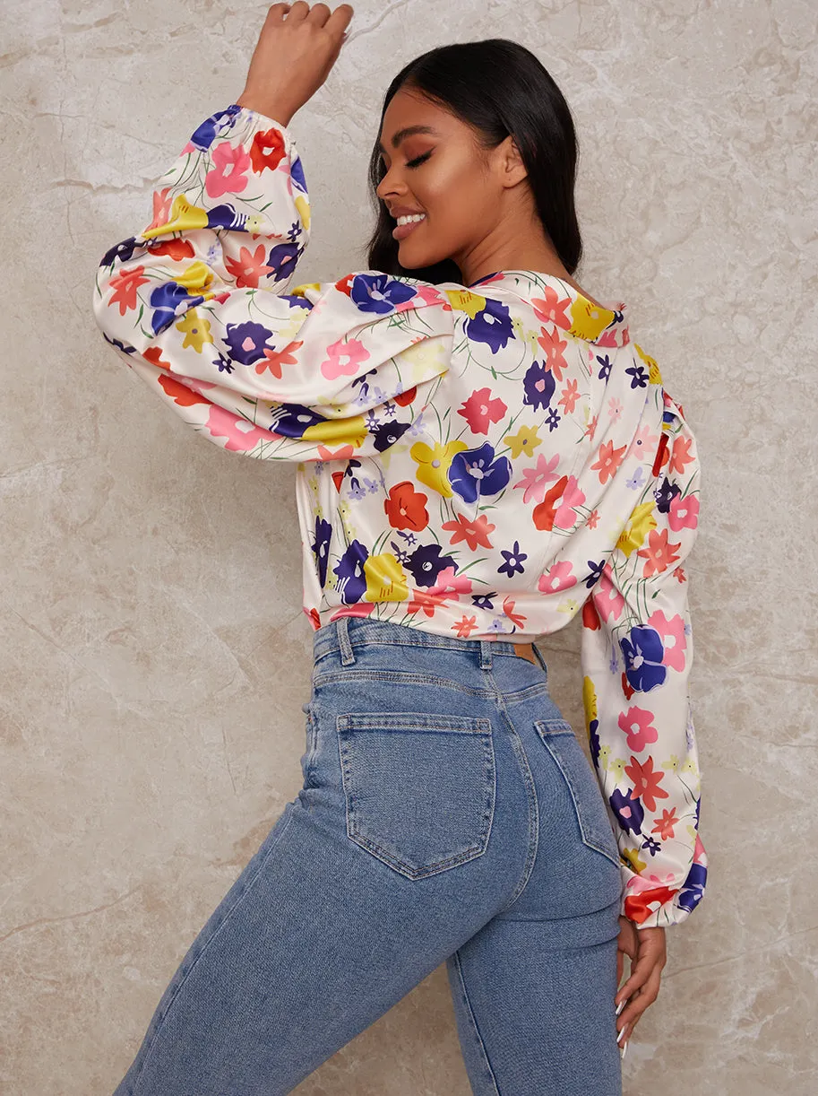 Floral Print Button Up Satin Shirt in White sold by Chi Chi London product image thumbnail 2