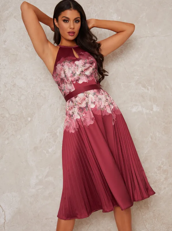Halter Neck Floral Print Pleat Midi Dress in Red sold by Chi Chi London