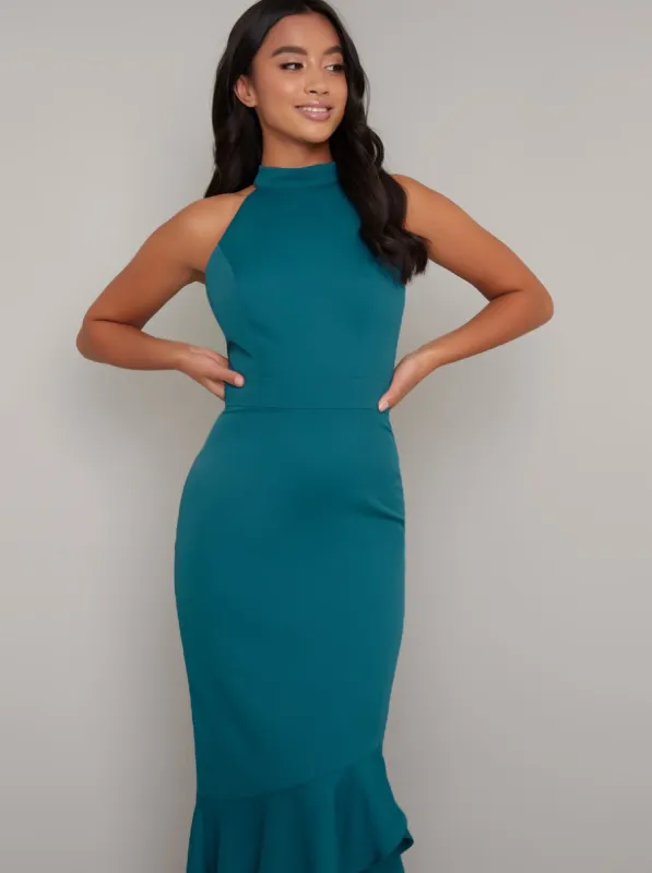 Petite High Neck Fishtail Bodycon Maxi Dress in Green sold by Chi Chi London