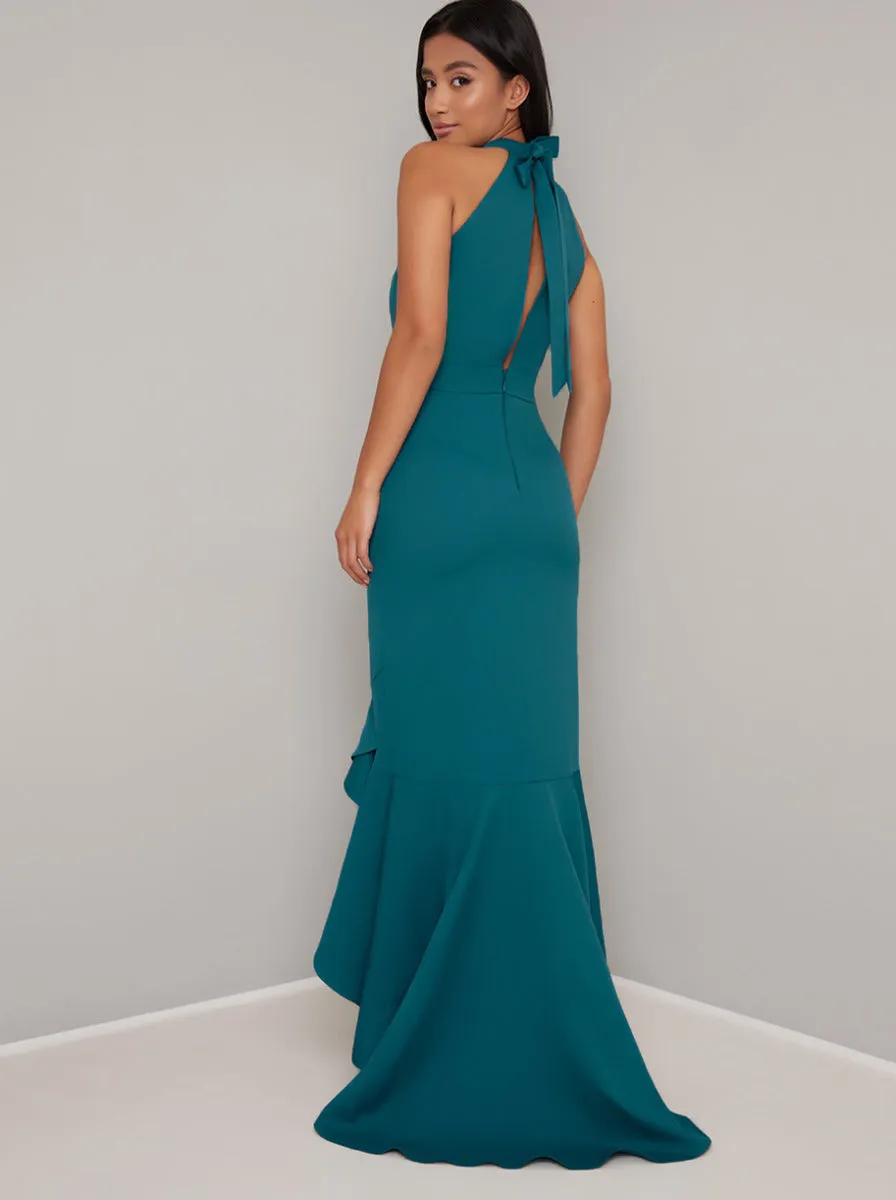 Petite High Neck Fishtail Bodycon Maxi Dress in Green sold by Chi Chi London product image thumbnail 3
