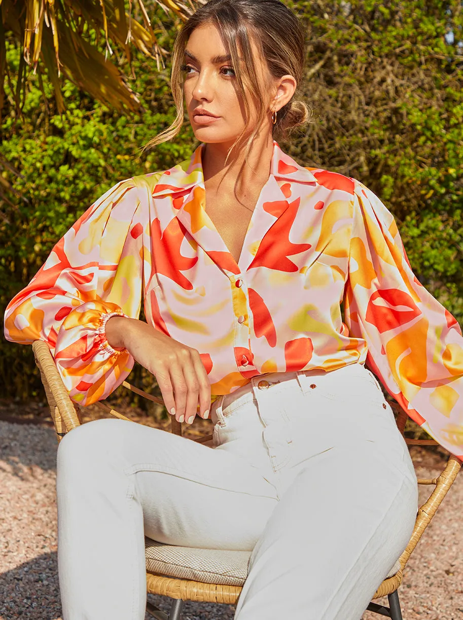 Abstract Print Satin Shirt in Orange sold by Chi Chi London